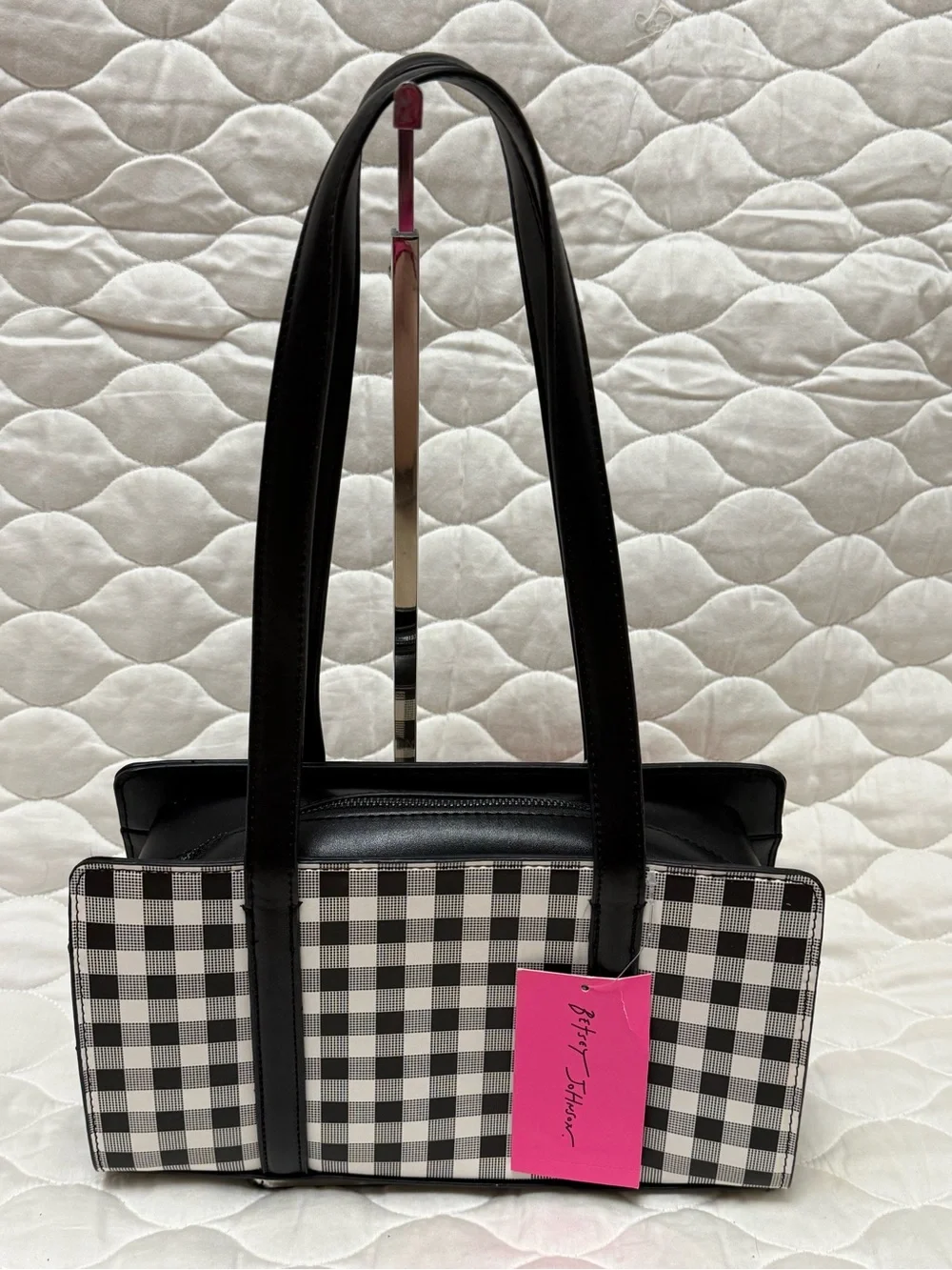 Betsey Johnson Black & White Gingham Tote with Red Pom Pom Charm